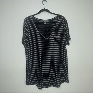 Torrid Black and White Striped Knit V-Neck T-Shirt With Criss Cross Detail